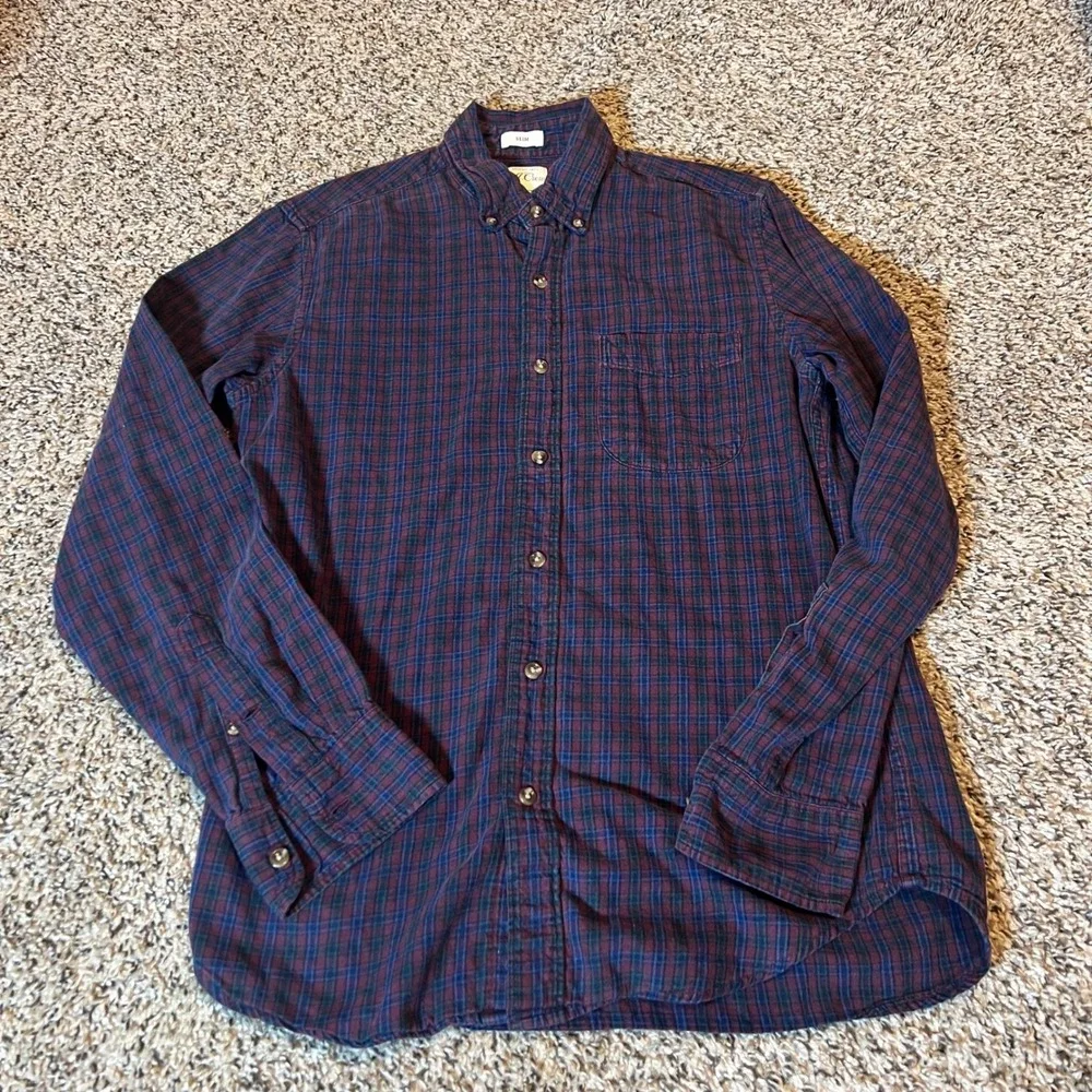 J Crew Brushed Twill Plaid Button Down Shirt Mens Small Slim Fit Red Blue